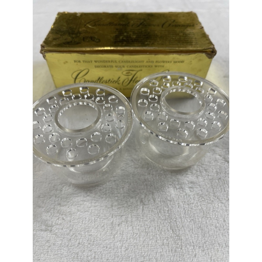 Vtg MCM Clear Plastic Candlestick Flower Arrangers Set of Two in Box